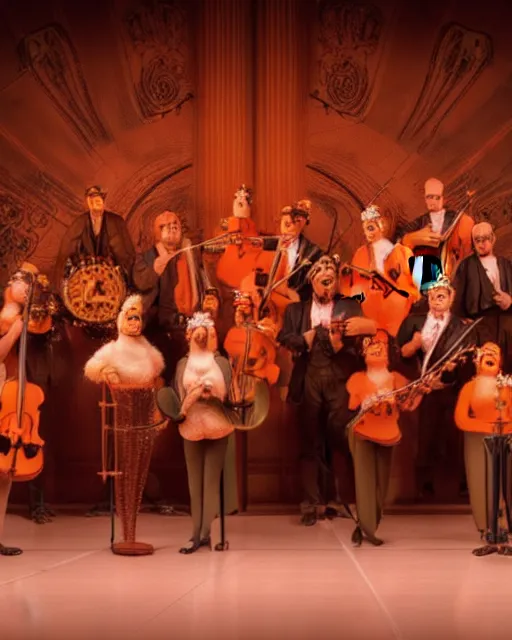 Prompt: hyperrealistic neobaroque mechanical people singing on an art deco stage santiago caruso uhd dramatic orange light 8k low angle shallow depth of field