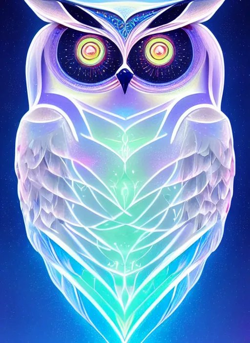 Image similar to symmetry!! product render poster vivid colors divine proportion owl, ice and snow, glowing fog intricate, elegant, highly detailed, digital painting, artstation, concept art, smooth, sharp focus, illustration,