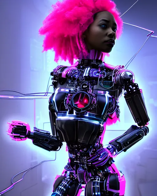 Image similar to portrait of a beautiful black woman with pink hair as a cyberpunk cyborg half robot, revealing wires and electronics, hooked - up, sci - fi, missing panels, intricate abstract upper body intricate artwork, concept art, octane render, deviantart, cinematic, key art, hyperrealism, iridescent accents, portrait photograph, nikon 3 5 mm, photograph by greg rutkowski