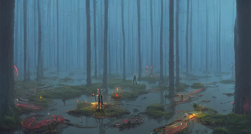 Image similar to A fantastic, enchanted, magic swamp, by simon stalenhag