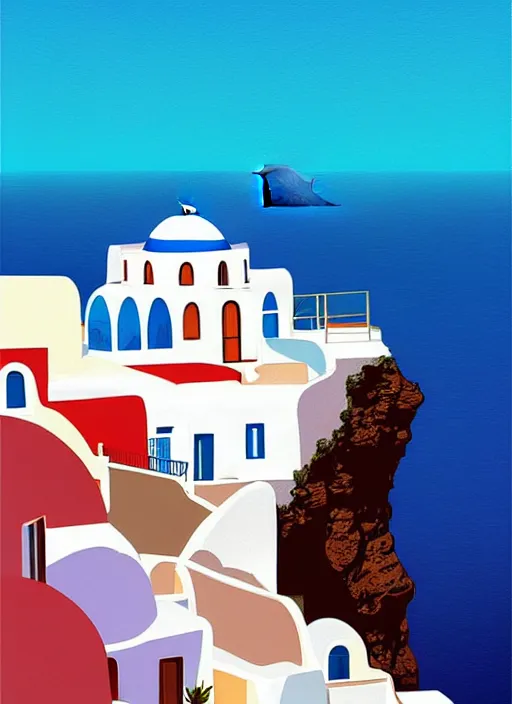 Image similar to a travel poster illustration depicting a house in santorini with an ocean view, white architecture, digital painting, vector art, trending on artstration, by anton fadeev, by alena aenami