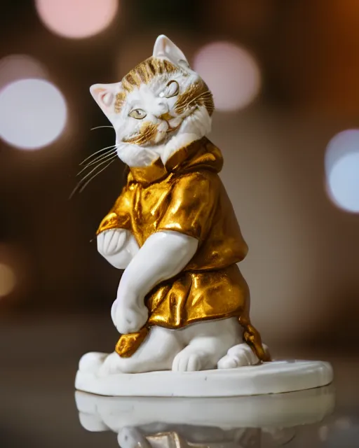 Prompt: high quality presentation photo of a detailed porcelain figurine of a cute cat dressed as Napoleon holding a piece of cheese, photography 4k, f1.8 anamorphic, bokeh, 4k, Canon, Nikon
