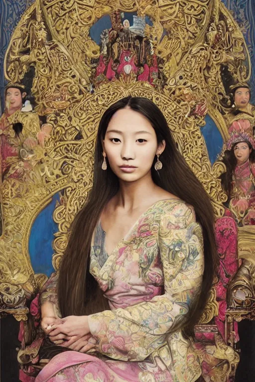 Prompt: portrait of a beautiful young asian woman with shoulder length hair and strong facial bone structure, queen and ruler of the universe, sitting on her throne, men kneeling at her feet, painting by tara phillips, hyper detailed, hyperrealism