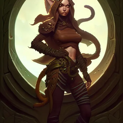 Image similar to rogue, female, tabaxi, forest, D&D, fantasy, intricate, elegant, highly detailed, digital painting, artstation, octane render, concept art, matte, sharp focus, illustration, hearthstone, art by Artgerm and Greg Rutkowski and Alphonse Mucha