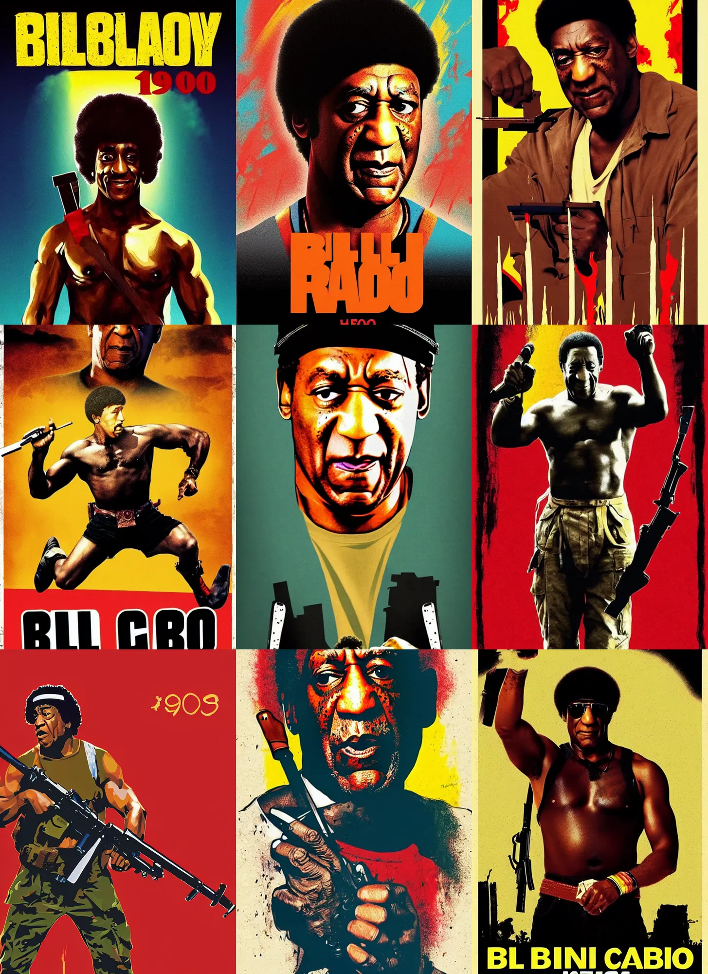 Prompt: bill cosby is rambo, 1 9 8 0 s movie poster, vibrant art, minimalist, trending on artstation