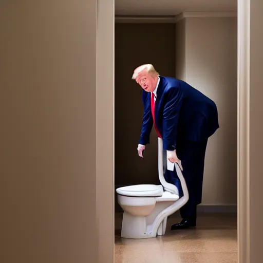 Image similar to Donald Trump flushing a voting machine down the toilet, Canon EOS R3, f/1.4, ISO 200, 1/160s, 8K, RAW, unedited, symmetrical balance, in-frame