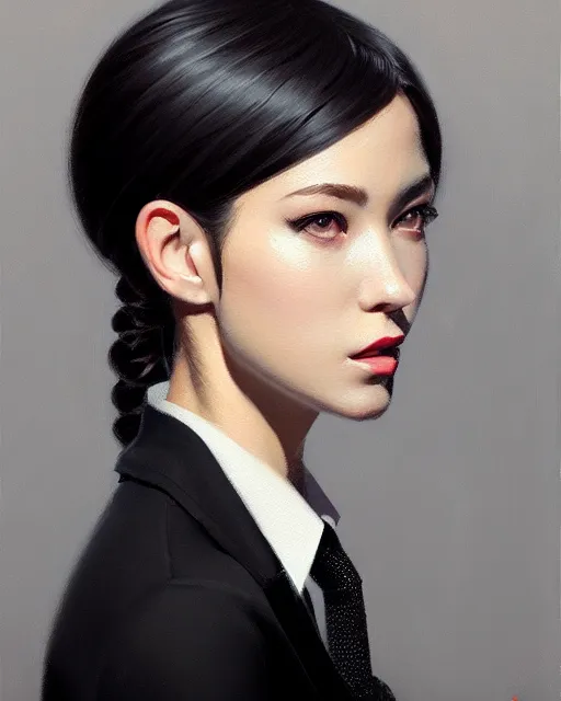 Image similar to a ultradetailed beautiful portrait panting of a stylish woman wearing a black loose fit suit with a tie, oil painting, by ilya kuvshinov, greg rutkowski and makoto shinkai, trending on artstation