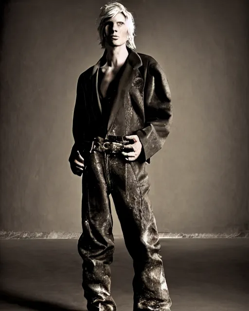 Prompt: an award - winning photo of an ancient male model wearing a plain boot cut flared distressed medieval designer menswear leather trousers designed by alexander mcqueen, 4 k, studio lighting, wide angle lens, 2 0 0 4