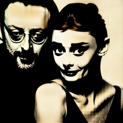 Image similar to Romeo (Jean Reno) and Juliet (Audrey Hepburn), are looking at each other romantically. dramatic, high contrast, romantic, theatrical, lumnious, cinematic lights,tintype photo, oil canvas by Csók István, Munkácsi and Hollósy Simon