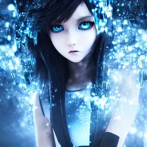 Prompt: photorealistic full body shot of masterpiece angry darkness android anime girl, beautifull lovely eyes, electric aura with particles, snowing frozen ice, darkness background, inspired by tim burton, detailed, unreal engine 4 k, volumetric light, fog