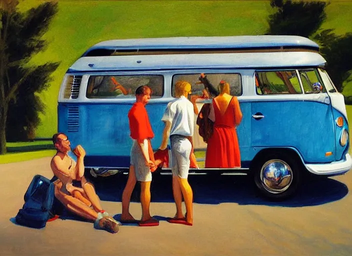 Image similar to detailed painting two young men and women in front of blue vw bus by edward hopper, bernardo bertolucci dreamers movie scene