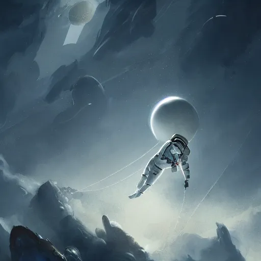 Image similar to dead astronaut falling through the clouds in jupiter, by cedric peyravernay, highly detailed, excellent composition, cinematic concept art, dramatic lighting, trending on artstation