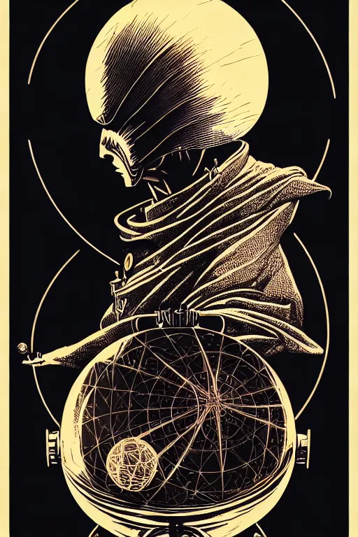 Image similar to side view of a sitting cloaked steampunk wizard holding crystal ball, high details, intricately detailed, by vincent di fate, inking, 3 color screen print, masterpiece, trending on artstation,, sharp, details, hyper - detailed, hd, 4 k, 8 k