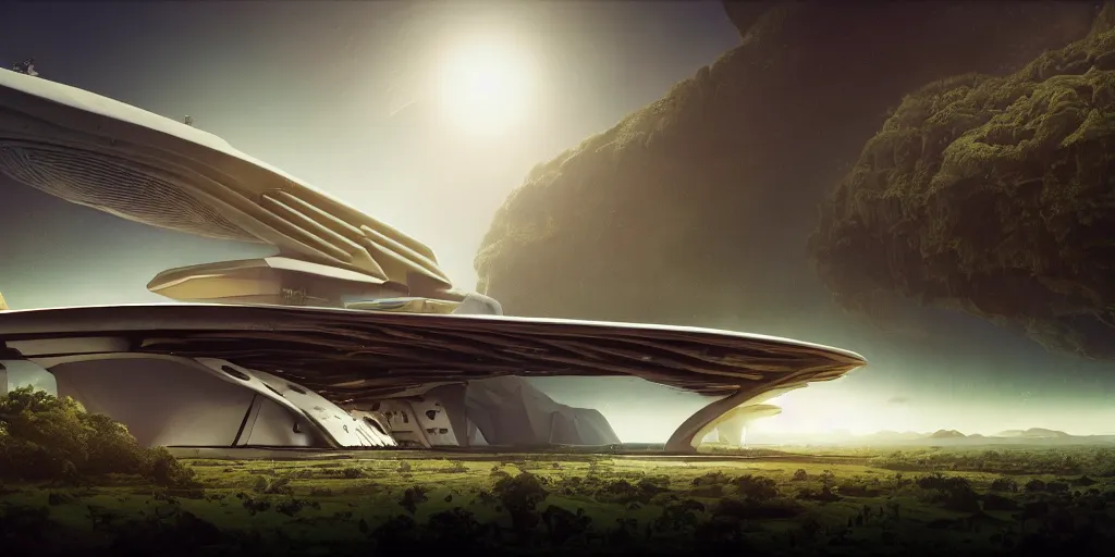 Prompt: aztec space ship taking off from the jungle, by tim blandin and arthur haas and bruce pennington and john schoenherr, big windows architecture by zaha hadid, octane render, warm colour scheme, white, cinematic, scenery, cgsociety, modernism, futuristic, trending on artstation, sci - fi, high detail, high quality, close up angle