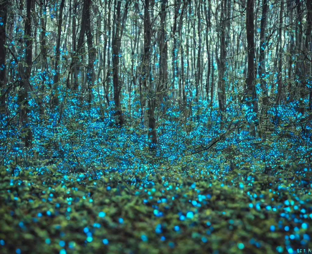 Image similar to blue forest, glowing mushrooms, sigma lens, strong bokeh, photography, highly detailed, 8 5 mm, f / 1. 3