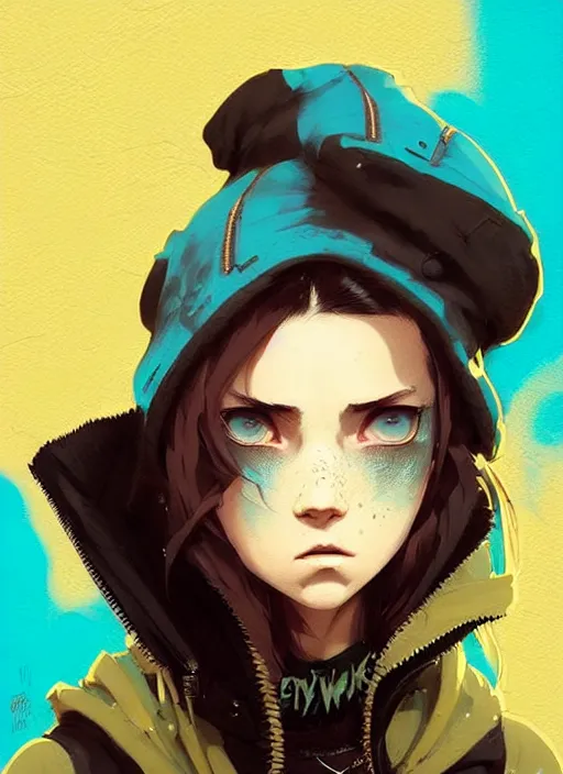 Prompt: highly detailed portrait of a sewer punk lady student, blue eyes, leather hoody, hat, wavy hair by atey ghailan, by greg rutkowski, by greg, tocchini, by james gilleard, by joe fenton, by kaethe butcher, gradient yellow, black, brown and cyan color scheme, grunge aesthetic!!! ( ( graffiti tag street background ) )
