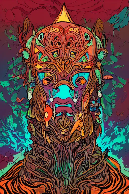 Image similar to animal mask totem roots flower tribal feather gemstone plant wood rock shaman vodoo video game vector cutout illustration vivid multicolor borderlands comics by josan gonzales and dan mumford radiating a glowing aura