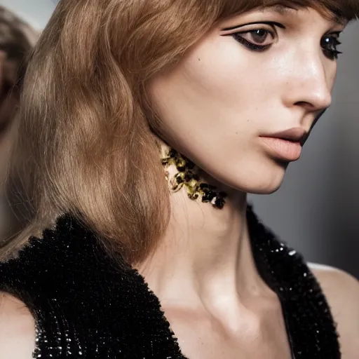 Image similar to A beautiful portrait of valery kaufman as Bond Girl from latest James Bond movie and a model at Versace fashion show as a model Spring/Summer 2018, highly detailed, in the style of cinematic, Milan fashion week backstage, Extreme close up, Makeup by Pat McGrath, Hair by Guido Palau, Greg rutkowski