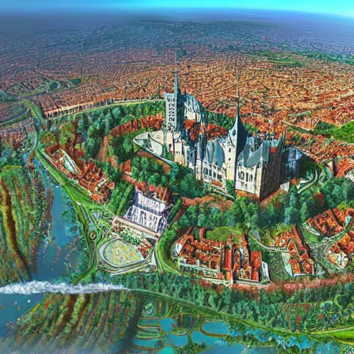 Prompt: A beautiful landscape of a city, with a castle and gardens in the middle, digital art, aerial view