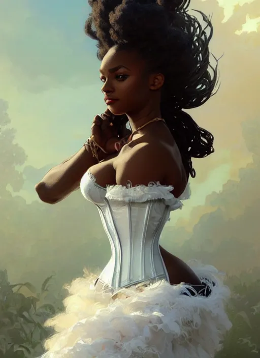 Image similar to cute black woman wearing a white corset dress, fantasy, intricate, highly detailed, digital painting, artstation, concept art, wallpaper, smooth, sharp focus, illustration, art by artgerm and greg rutkowski and alphonse mucha