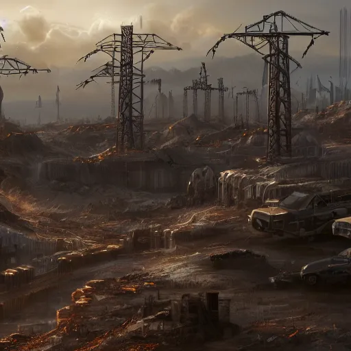 Image similar to real world trending on artstation A wasteland of cybernetic wastelands made of gold and thorns, 8k resolution matte painting, trending on artstation A electricity themed world invented entirely the face of