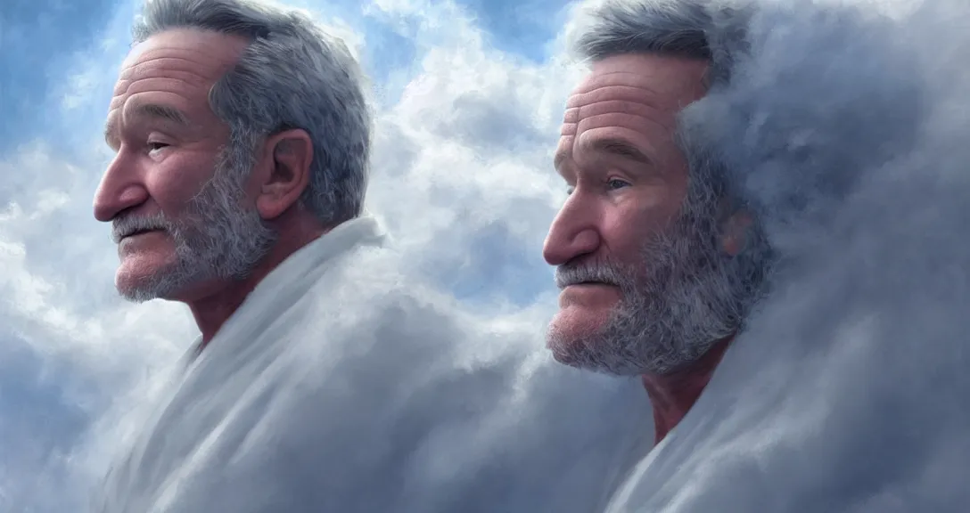 Image similar to robin williams is god, white beard, clouds, heaven, blue eyes, white robe, intricate, detailed, volumetric lighting, scenery, digital painting, highly detailed, artstation, sharp focus,, alex ross, ruan jia, steve mccurry