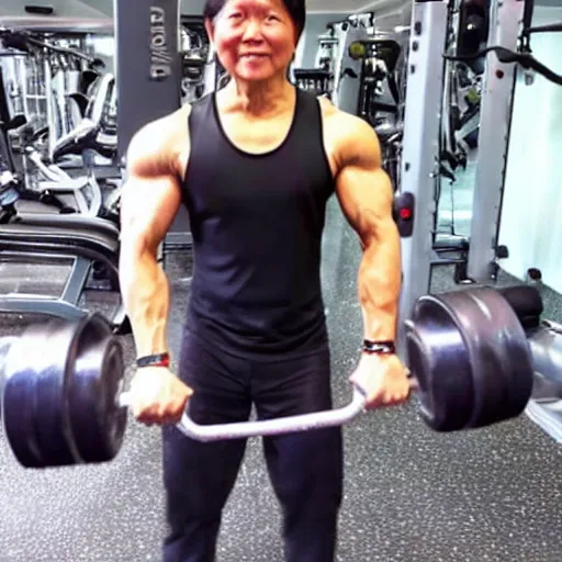 Image similar to bongbong marcos as gigachad flexing at the gym, muscular, on steroids,