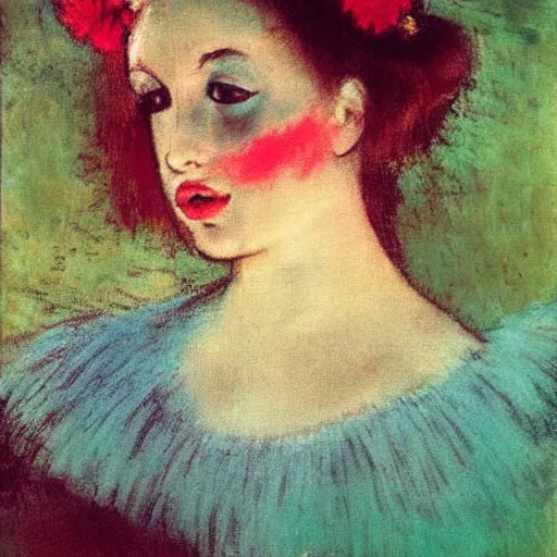 Image similar to girl, in flowers, red lipstick on her face, looks ember heard , Edgar Degas style