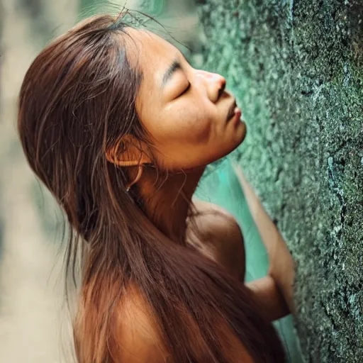 Image similar to beautiful tanned Vietnamese boulderer, green streaks in hair, trending on instagram, portrait, photorealistic,