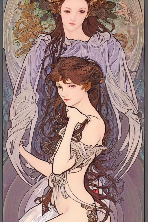 Prompt: Female angelic Fae in the style of Ayami Kojima and Alphonse Mucha