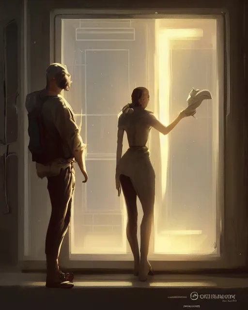 Image similar to a man and a woman standing in front of a window, concept art by glen orbik and by john avon and by edouard groult, cgsociety, space art, concept art, redshift, sci - fi