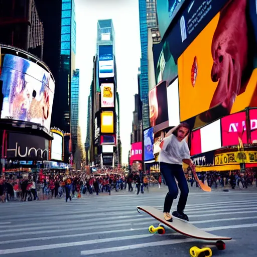 Image similar to a cool lemon riding a skateboard in times square new york