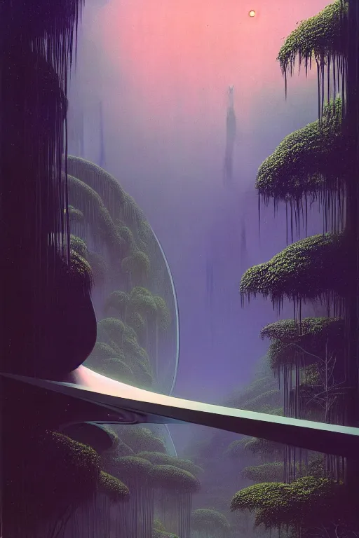 Prompt: emissary space by author haas and bruce pennington and john schoenherr, cinematic matte painting, zaha hadid building in a lush jungle, 8 k, dark color palate