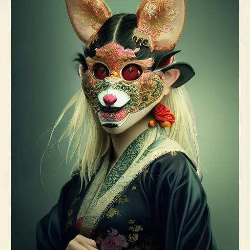 Image similar to a photorealistic dramatic fantasy render of a beautiful woman billie eilish wearing a beautiful intricately detailed japanese monkey kitsune mask and clasical japanese kimono by wlop, artgerm, greg rutkowski, alphonse mucha, beautiful dynamic dramatic dark moody lighting, shadows, cinematic atmosphere, artstation, concept design art, octane render, 8 k