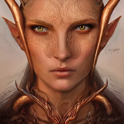 Prompt: A head-on, symmetrical detailed oil portrait of a beautiful elf woman with curly copper horns, long blonde hairs and bright irises, by greg rutkowski, trending on artstation, dungeon and dragons art