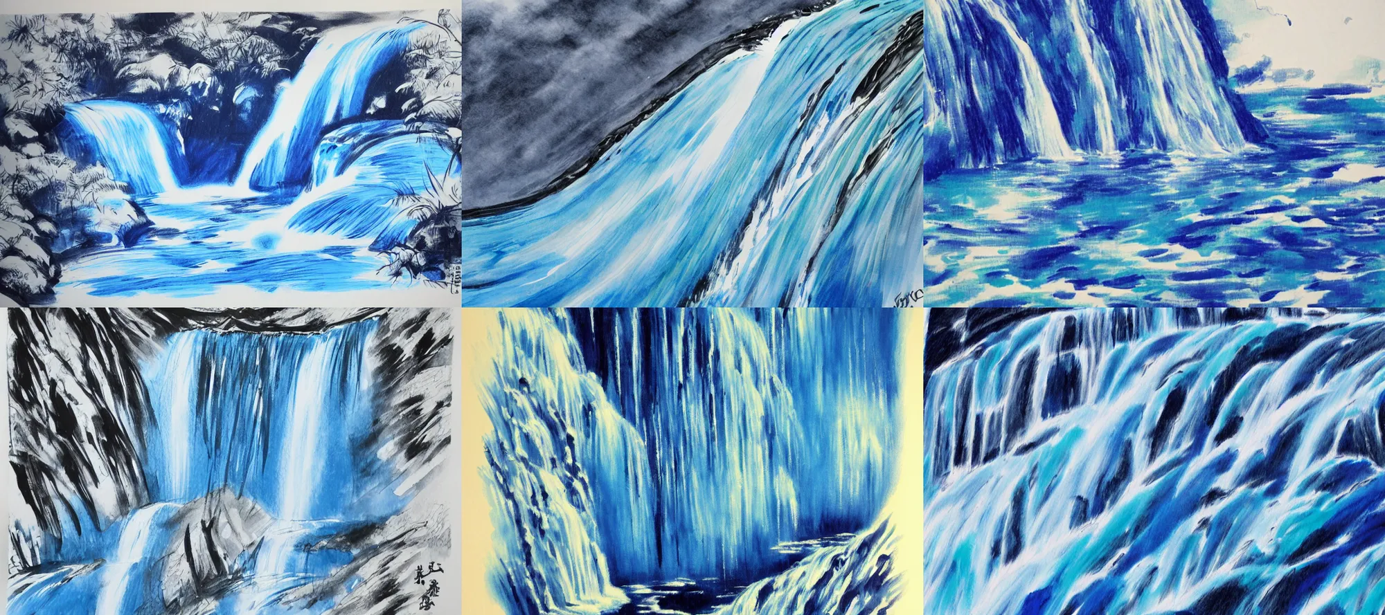 Image similar to an endless waterfall, blue colour splash, painted with a thin brush, detailed sumi-e illustration