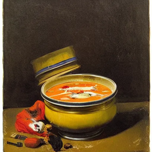 Prompt: by william hogarth graceful, opulent. in this performance art, the artist has used a photo - realist style to depict a can of soup. the can is placed on a plain background, & the artist has used bright, primary colors to create a striking image. the performance art is both realistic & abstract