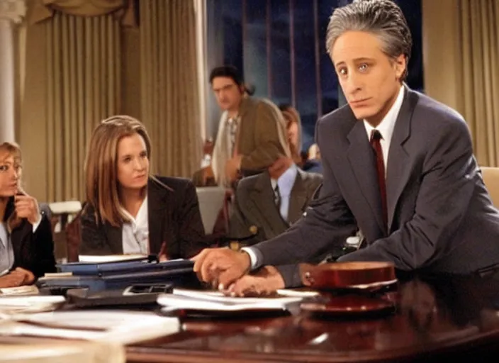 Image similar to a still from the 2001 TV Show The West Wing Starring Jon Stewart