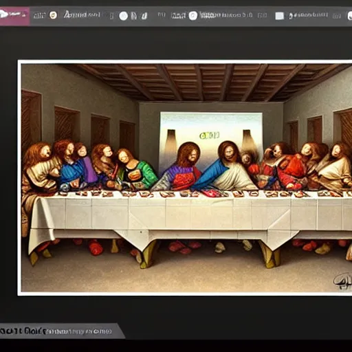 Image similar to last supper realistic robot , A Monster Emerges - trending on art station , depth of field