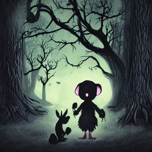 Prompt: a lost child along with his pet rabbit, surrounded by huge menacing trees with mouths and eyes, night, spooky, fairy tale illustration