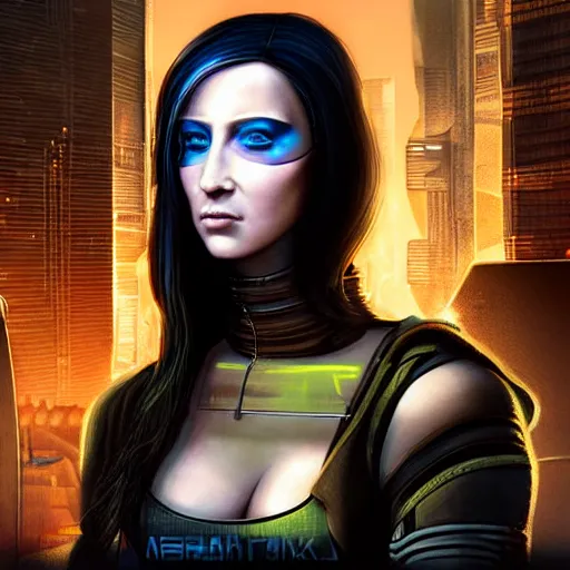 Image similar to a futuristic still of cyberpunk monalisa in a cyberpunk city, 8k, trending on artstation, highly detailed, cyberpunk monalisa cyberpunk monalisa, 8k details