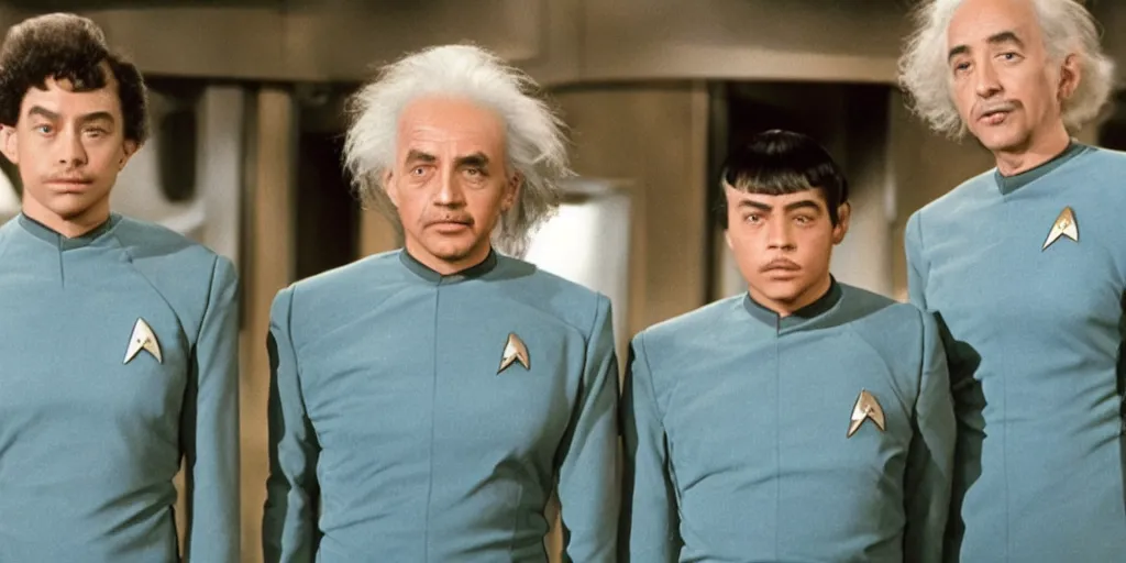 Image similar to Young Eintsein and Old Einstein in starfleet uniforms from the next Star Trek movie