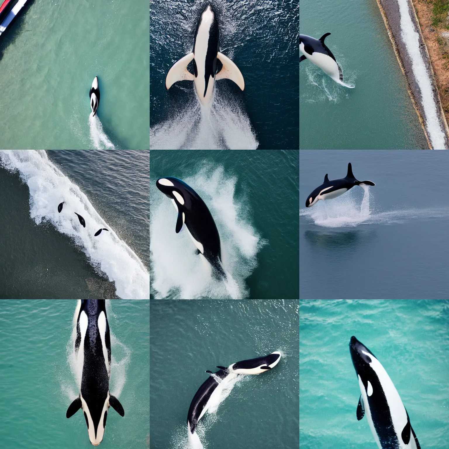 Prompt: Overhead view, Tilt shift photography of orca jumping out of water