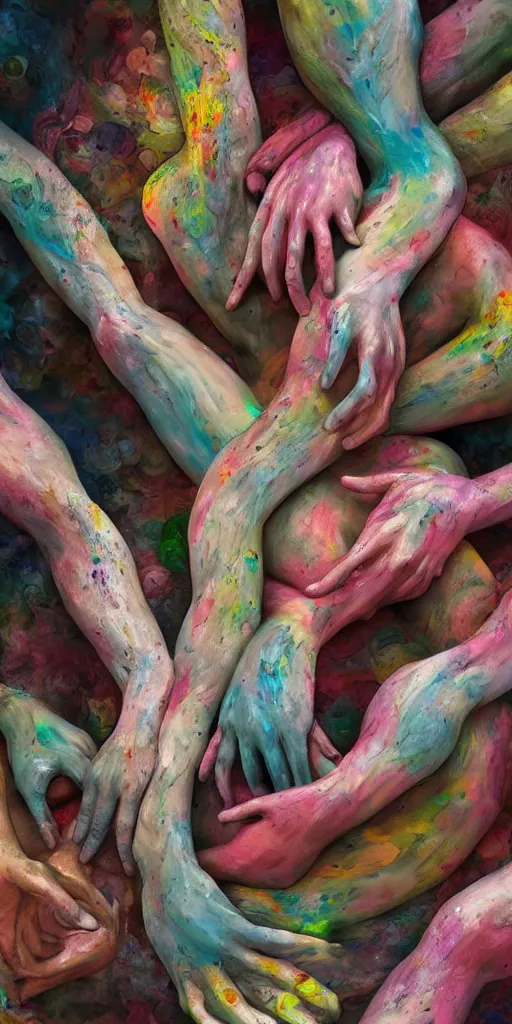 Prompt: closeup photograph of a surrealist sculpture human bodies intertwined, a lovely cornucopia of flowers and human body parts, body parts, paint pour, swirling paint, muted color palette, skin tones, highly detailed, octane render, cinematic