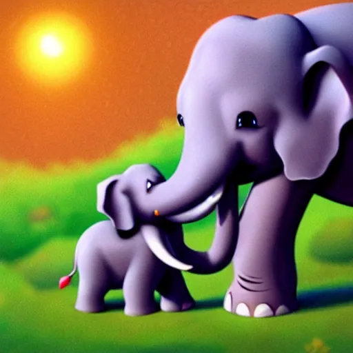 Image similar to cute cartoon mama elephant hugging baby elephant in the Indian jungle, Ghibli