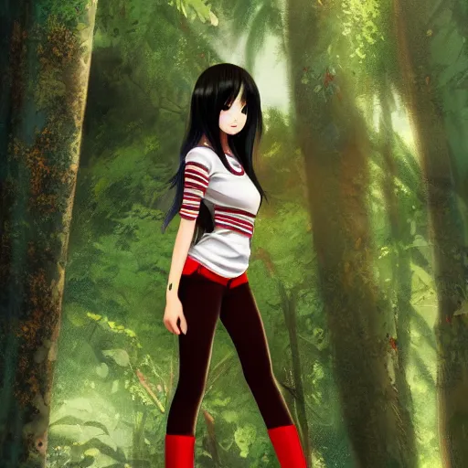 Image similar to brown skin anime girl using white and red tight raglan sleeves, tight blue jeans and cool shoes, silky long black hair with bangs, in a tropical forest, artstation, ray tracing, soft shade, from genchin impact