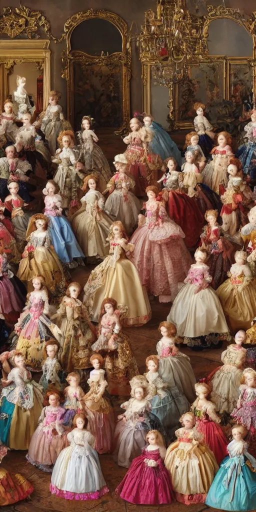 Image similar to Women in baroque dresses, standing in the middle of the room full of toys