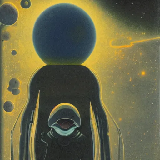 Prompt: an alien looking up towards the sky, wondering about others, nebula, chesley bonestell, lucien rudaux, rolf klep