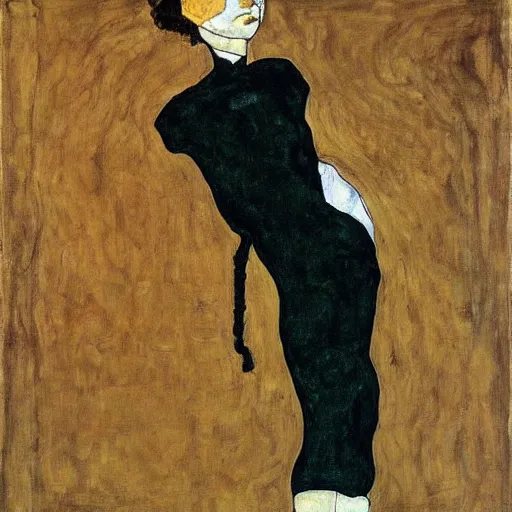 Prompt: Drinking lady by Egon Schiele, full body portrait