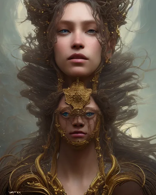 Prompt: song of the wind, detailed beauty portrait, chocolate. opulent hair intricate background, armor, fantasy art by peter morebacher, greg rutkowski, craig mullins, ruan jia, thomas kinkade, victor ngai, unreal engine, blender, octane, ray tracing. fractal crystal, sharp focus, masterpiece, post processing, devianart,